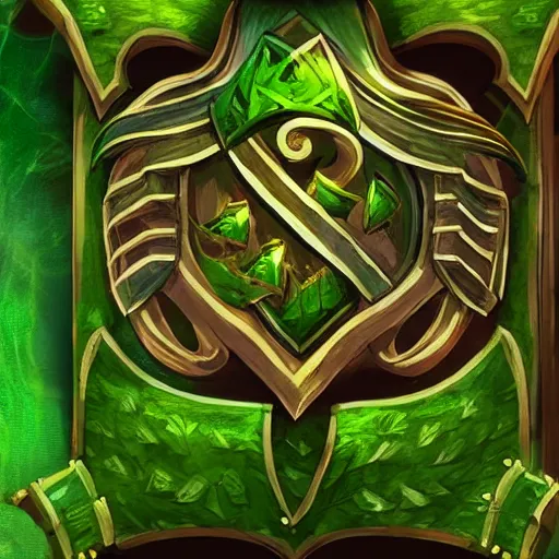 Prompt: green leaves shield, tree roots on the shield, shield made of leaves, epic fantasy style, card game artwork
