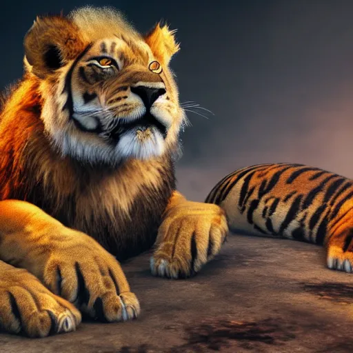 Prompt: mix of lion and tiger and puma and jaguar attacking, 8 k ultra realistic animal, detailed intricate fur, flame in the fur, full of colour, cinematic lighting, battered, trending on artstation, 4 k, hyperrealistic, focused, extreme details, unreal engine 5, cinematic, masterpiece, art by ayami kojima