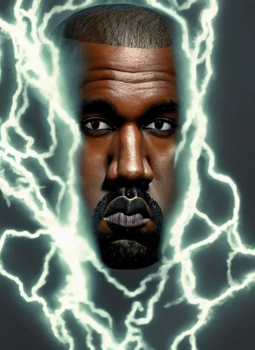 Image similar to kanye west as zeus!!!, god of thunder, greek god, white robe, thunderbolt, in mortal kombat, mythology, fantasy, detailed face, splash art, movie still, cinematic lighting, dramatic, octane render, long lens, shallow depth of field, bokeh, anamorphic lens flare, 8 k, hyper detailed, 3 5 mm film grain