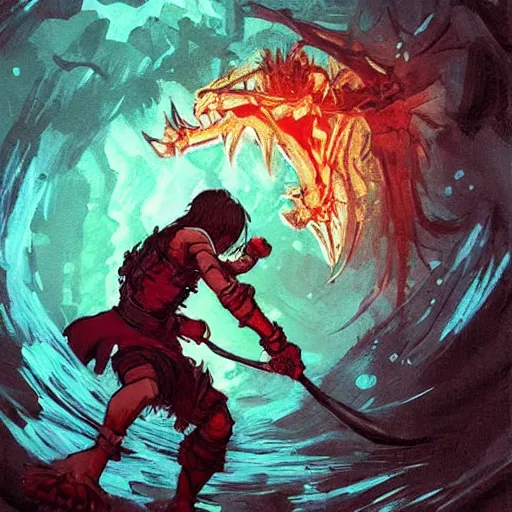 Prompt: A young fighter protagonist with a massive claw arm is exploring the grimdarkest dungeon depths. trending on Pixiv. trending on ArtStation. A vibrant painting. A highly detailed fantasy character illustration by Wayne Reynolds and Charles Monet and Gustave Dore and Carl Critchlow