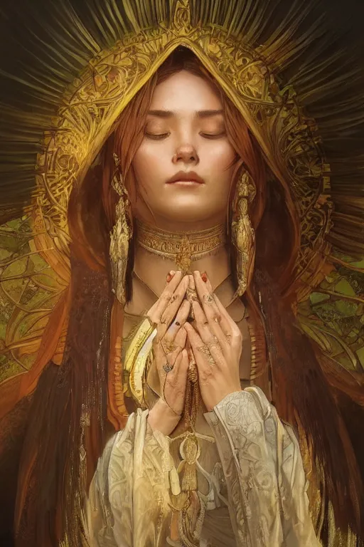 Image similar to ultra realistic illustration, a stunningly beautiful shaman girl praying, intricate, elegant, highly detailed, digital painting, artstation, concept art, smooth, sharp focus, illustration, art by artgerm and greg rutkowski and alphonse mucha