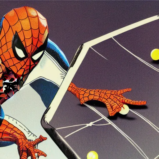 Prompt: spiderman playing table tennis on the moon