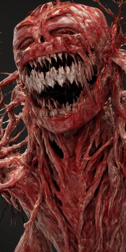 Prompt: smiling photorealistic ultra detailed humanoid creature made of decomposed bloody flesh and bones and fur, extremly detailed, 8 k, realistic, sharp focus, cosmic horror creature, cosmic horror, from the movie the thing, mysterious creature, bloody eyes, big eyes
