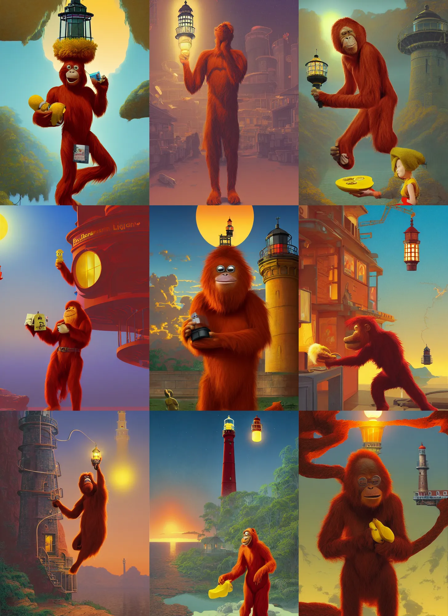 Prompt: rendering of red orangutan dressed as library overseer holding lighthouse toy as banana, library interior background, travel poster artwork by michael whelan and tomer hanuka, high contrast, full of details, by makoto shinkai and thomas kinkade, matte painting, trending on artstation and unreal engine
