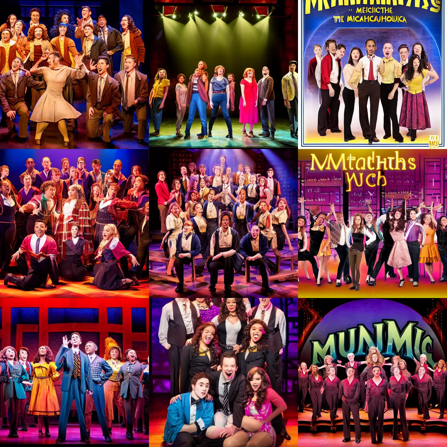 Prompt: mathematics the musical on broadway, full cast, promotional photo, playbill, split lighting, dramatic lighting