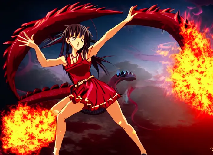 Image similar to in the style of Madhouse studio anime, girl shooting fireballs at a dragon, battle pose