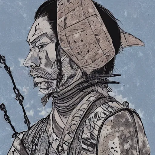 Image similar to A PORTRAIT FROM BEHIND OF A SAMURAI MAN VAGABOND WITH A MOON BEHIND HIM ,THE SAMURAI IS WRAPPED IN CHAINS ,detailed, concept art, ink style , sketch