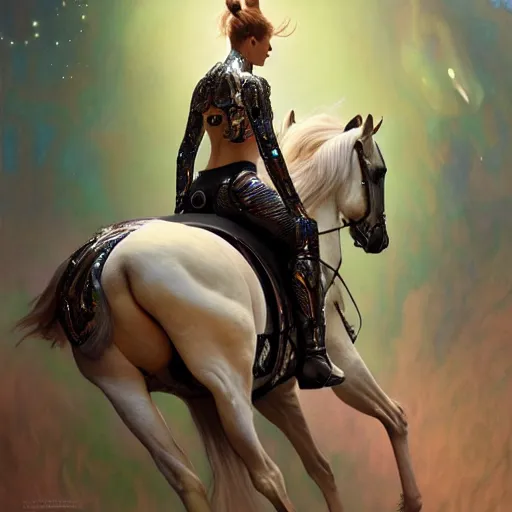 Prompt: psychedelic organic cyborg horseback riding, white holographic plastic, dramatic lighting, fantasy, intricate, elegant, highly detailed, lifelike, photorealistic, digital painting, artstation, illustration, smooth, sharp focus, art by john collier and albert aublet and krenz cushart and artem demura and alphonse mucha