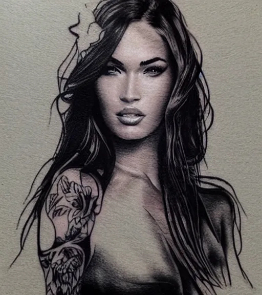 Image similar to realism tattoo sketch of a megan fox face in a double exposure effect with mountain scenery, in the style of matteo pasqualin, amazing detail, sharp