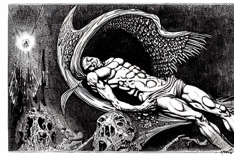Image similar to 3 5 mm photo of a fallen angel begs to enter the gates of hell by philippe druillet and gustave dore and les edwards and much a and moebius and hieronymus bosch