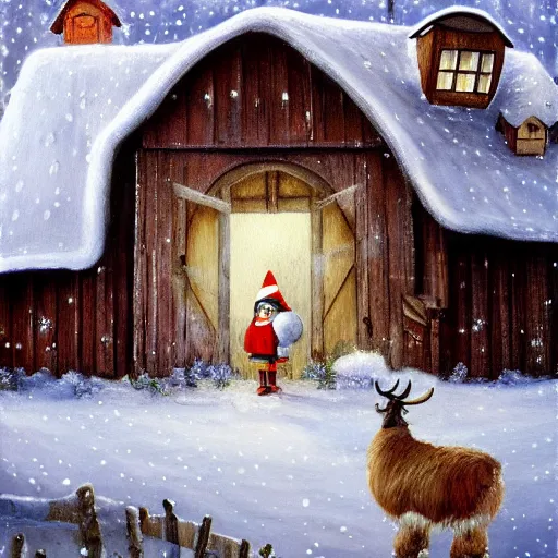 Prompt: painting of scandinavian gnome in barn with white goat, winter clothes, very very very very very beautiful christmas art, masterpiece by jenny nyström, realistic and detailed