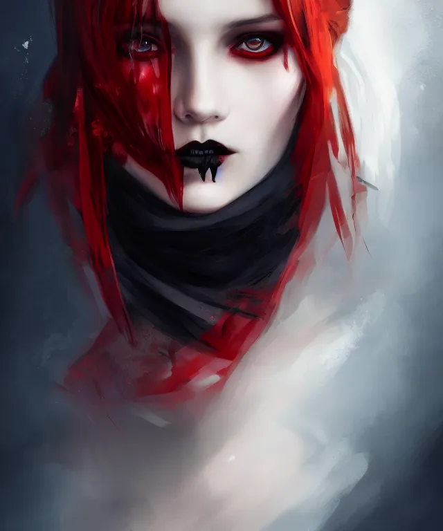 Prompt: goth vampire wearing red scarf by charlie bowater and titian and artgerm, full - body portrait, intricate, face, london, elegant, ( ( orange mist ) ), beautiful, highly detailed, dramatic lighting, sharp focus, trending on artstation, artstationhd, artstationhq, unreal engine, 4 k, 8 k