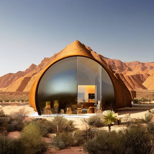 Image similar to biophilic hotel in the desert, high detaild, realistic, golden ratio