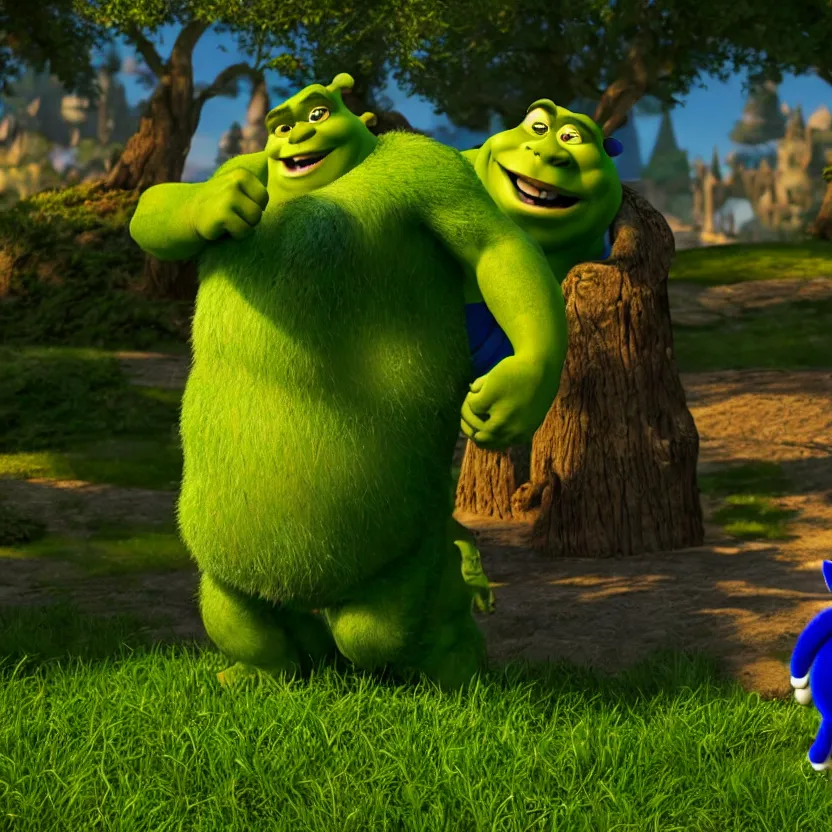 Prompt: shrek and sonic holding hands in a park, cinematic lighting, volumetric lighting, award winning photography, highly detailed, intricate, sharp focus, 4 k wallpaper, unreal engine, 9 0 mm, f / 1. 4