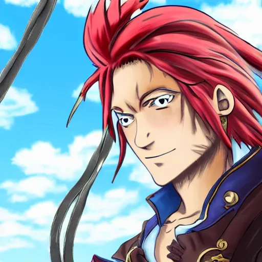 Image similar to male sky-pirate with long red hair in front of a steampunk airship, full metal alchemist, anime style