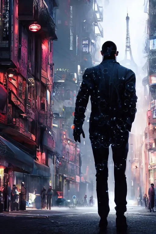 Image similar to in the foreground a Parisian street, in the background a dark-haired man from behind playing with flashes of energy coming out of his hands wearing a long matrix-style jacket, realistic, high definition, many details, dramatic scene, detailed and realistic hands , symmetrical face, realistic eyes, cyberpunk art 2077