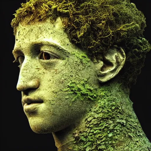 Prompt: Award-winning photograph by Mar Mann. The photo depicts a decaying roman bust of Mark Zuckerberg overgrown with moss at the bottom of the sea in the middle of ruins of civilization. Minimalism, high definition, perfect composition. Deep sea picture. Very dark. Volumetric Lighting. Fish. Darkness. Ruins