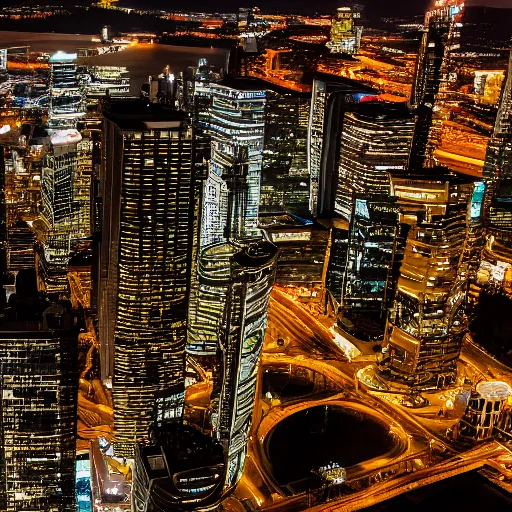 Image similar to nighttime cityscape photo shot from helicopter ultradetailed 8 k