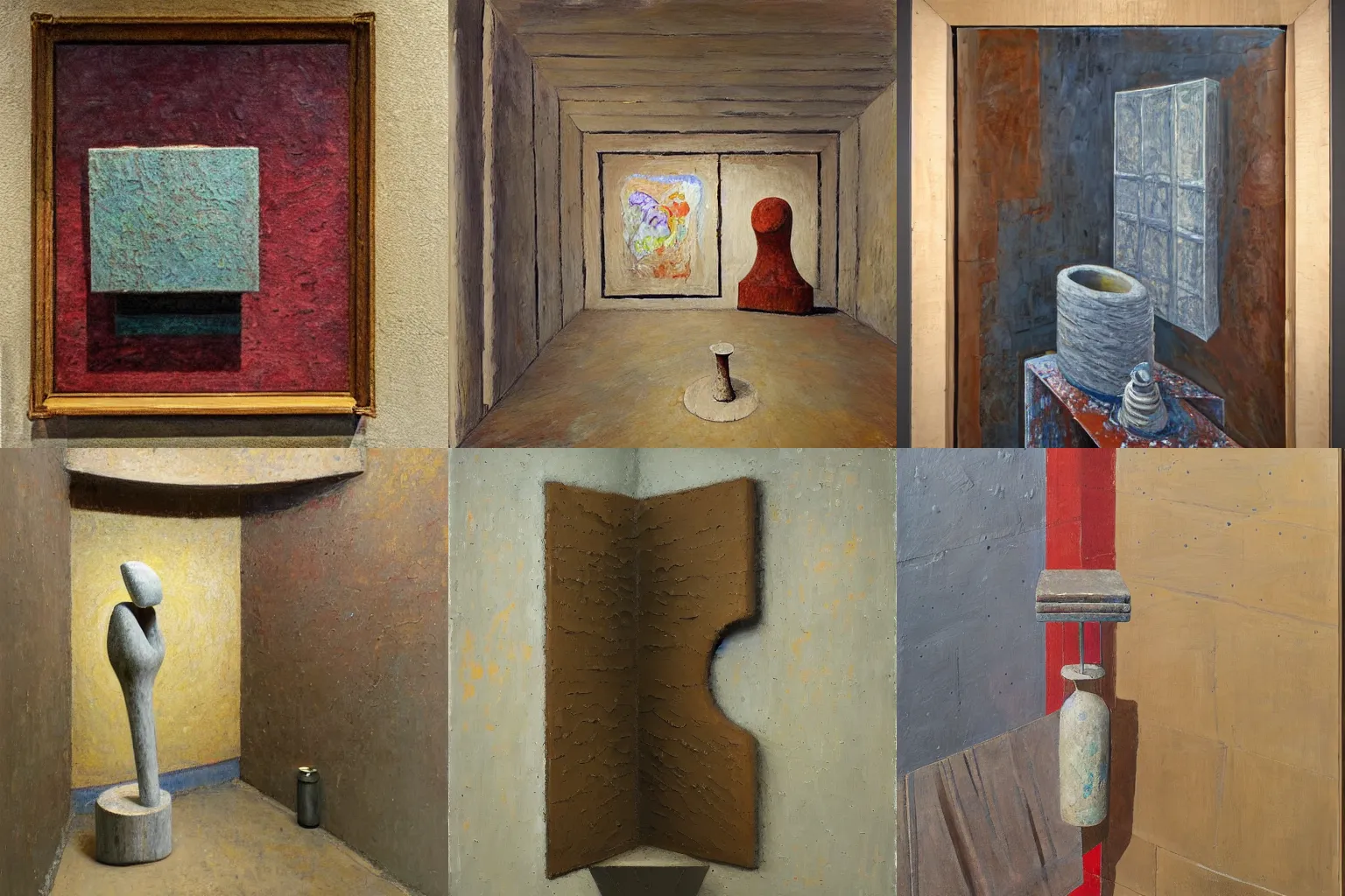 Prompt: a detailed, impasto painting by shaun tan and louise bourgeois of an abstract forgotten sculpture in a corner by ivan seal and the caretaker