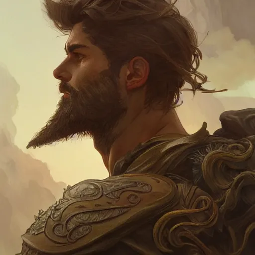 Image similar to portrait of the back of rugged male ranger, masculine, D&D, muscular, fantasy, intricate, elegant, highly detailed, digital painting, artstation, concept art, smooth, sharp focus, illustration, art by artgerm and greg rutkowski and alphonse mucha