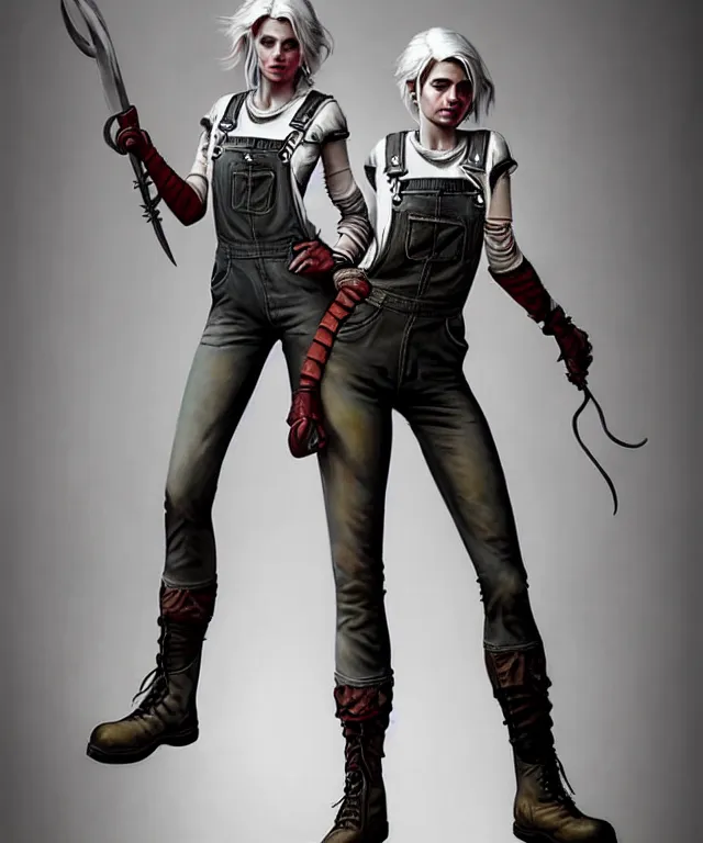 Image similar to full body pose, grungy ciri, overalls, combat boots, beautiful, highly detailed face, true anatomy!, extremely detailed!, digital painting, unreal engine 5, art by tom bagshaw