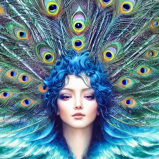 Prompt: a beautiful peacock manipulating water by karol bak, ayami kojima, artgerm, river, water, blue eyes, smile, concept art, fantasy