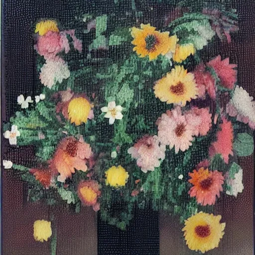 Prompt: a 8bit screen showcasing a photo of flowers, covered in oil painting, by jenny saville and francis bacon