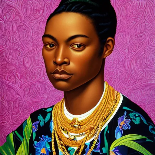 Prompt: A portrait of a thin trendy and gorgeous non-binary person, dark skin tone, Maori people, oil painting by Kehinde Wiley, majestic, detailed, high resolution