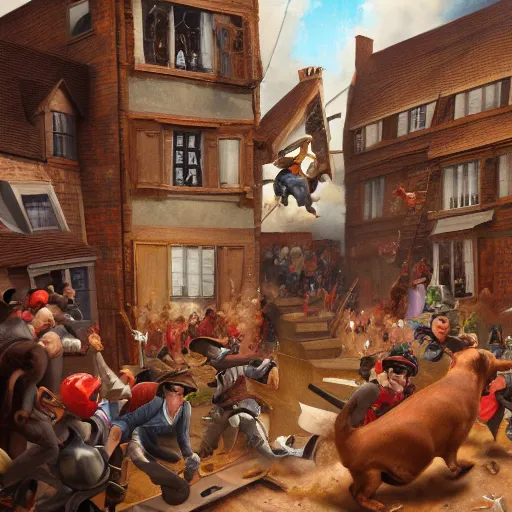 Image similar to a highly detailed oil painting of a giant dachshund smashing houses, renaissance, bystanders watching from the sides, 4 k, by ariduka 5 5, monokubo, artstation,