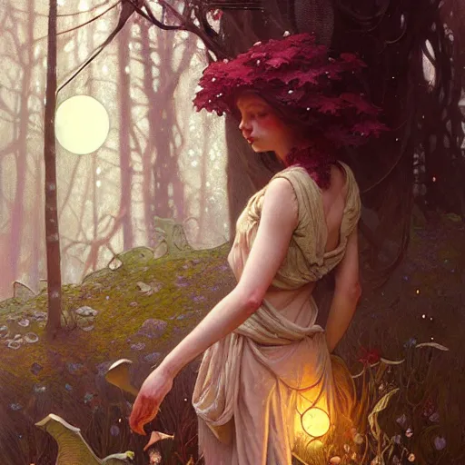 Image similar to A girl surrounded by magical mushrooms in an old forest setting with a full moon above her head, face, intricate, elegant, highly detailed, digital painting, artstation, concept art, smooth, sharp focus, illustration, art by Krenz Cushart and Artem Demura and alphonse mucha