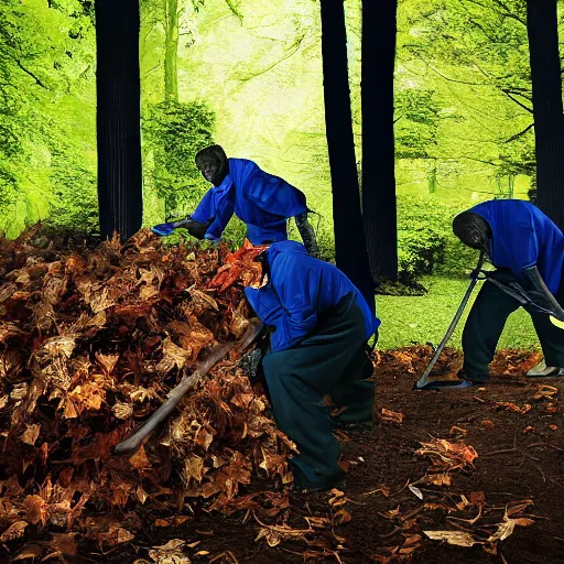 Image similar to closeup portrait of cleaners trying to hold back the falling leaves in a forest, detailed face, by Steve McCurry and David Lazar, CANON Eos C300, ƒ5.6, 35mm, 8K, medium-format print