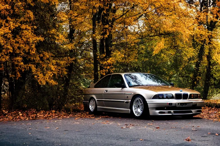 Image similar to A BMW e36 parked in a road with trees, autumn season, Epic photography, taken with a Canon DSLR camera, 250 mm, depth of field