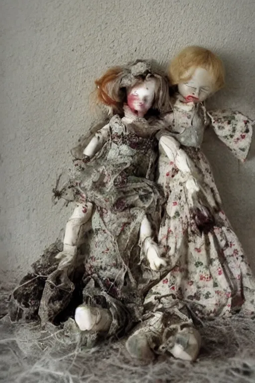 Image similar to dirty cracked screaming vintage doll maggots in eyes sitting in darkly lit dusty basement cobwebs old photo