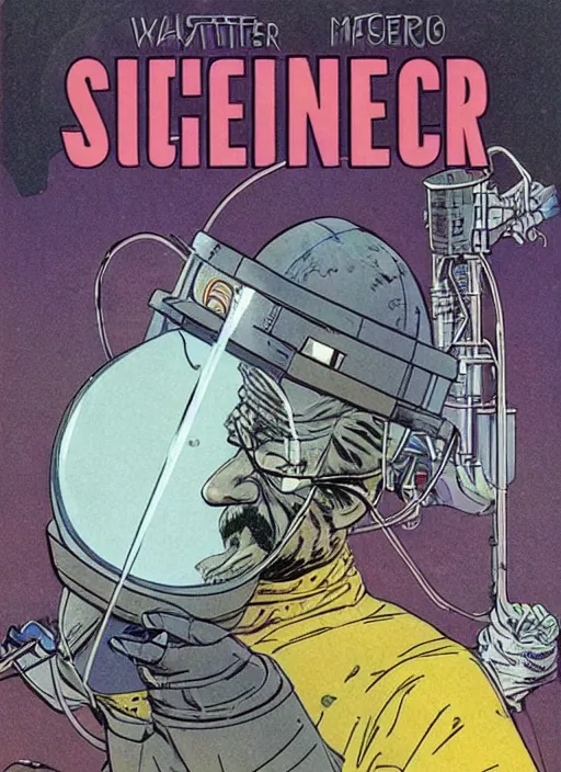 Prompt: Walter White as space wizard in retro science fiction cover by Moebius, vintage 1960 print