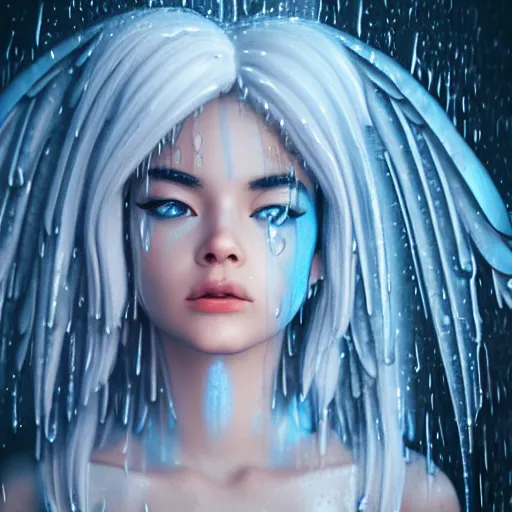 Image similar to angel spirit guide, cartoon portrait made out of rain, realistic, highly detailed, neon, rendered in octane, unreal engine, beautiful, trending on artstation,