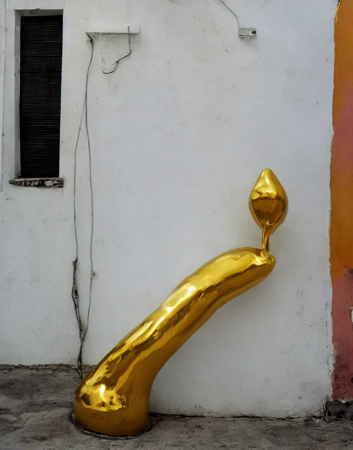 Prompt: vintage color photo of a liquid gold sculpture in a guayaquil alley with white and gray walls, photography by werner herzog