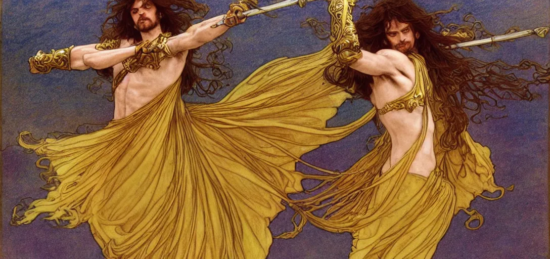 Prompt: a dual wielding golden swordsman leans back as he dances elegantly in the wind, his robes and long hair flowing in the breeze, his enemies lying on the ground below, fantasy, Mucha, MTG, Game of Thrones, salsa dancing, Rossetti, Millais, anatomically correct