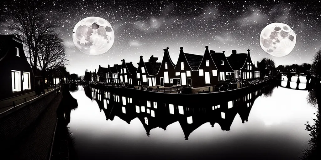 Image similar to Dutch houses along a river, silhouette!!!, Circular white full moon, black sky with stars, lit windows, stars in the sky, b&w!, Reflections on the river, a man is punting, flat!!, Front profile!!!!, high contrast, HDR, concept art, street lanterns, 1904, Style of Frank Weston, illustration