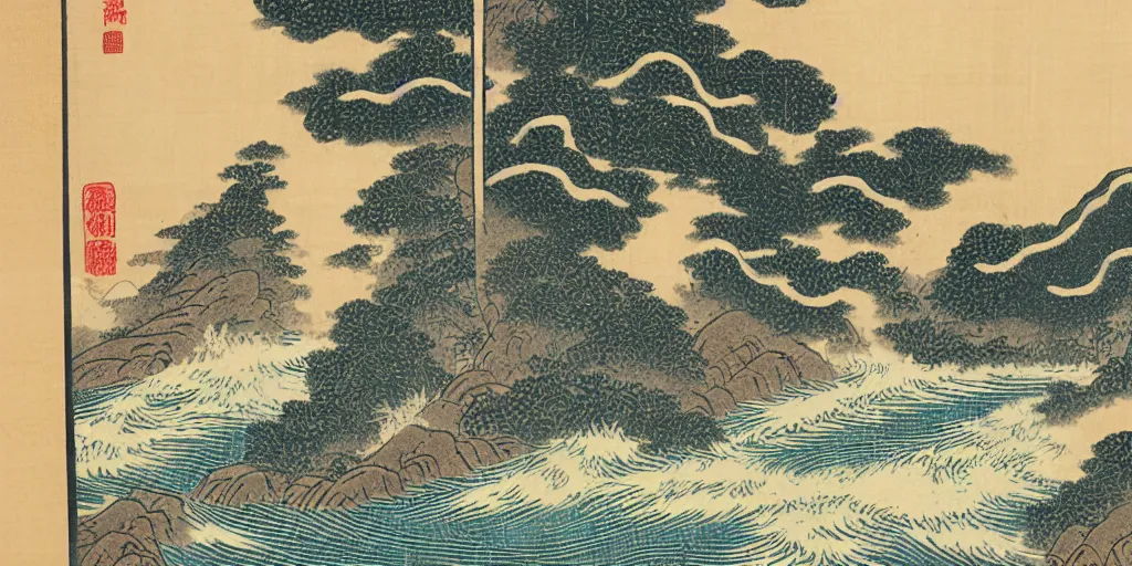 Image similar to A Korean woodblock print of mountains, two waterfalls and a roaring river