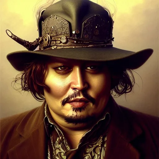 Image similar to wideangle!! portrait shot of fat johnny depp, intricate, elegant, highly detailed, centered, digital painting, artstation, concept art, smooth, sharp focus, illustration, artgerm, tomasz alen kopera, peter mohrbacher, donato giancola, joseph christian leyendecker, wlop, boris vallejo