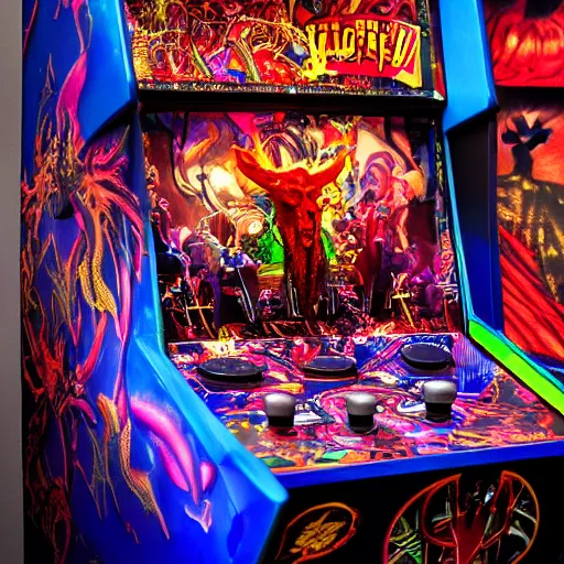 Prompt: satanic arcade filled with demonic arcade cabinets by spider zero, benoit b. mandelbrot, jeff koons, chihuly, trending on artstation # chihuly