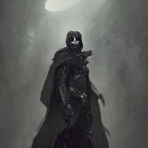 Image similar to full body portrait of a character wearing a black cloak, with a white mask in the shape of an animal skull, the mask covers her entire face, dramatic lighting, illustration by Greg rutkowski, yoji shinkawa, 4k, digital art, concept art, trending on artstation