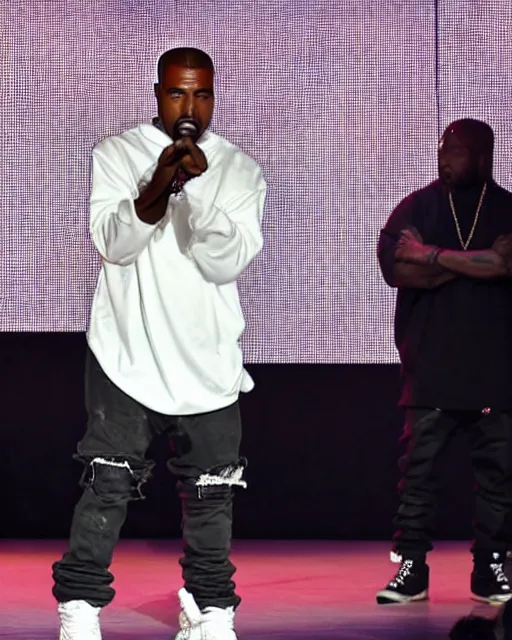 Image similar to kanye rapping on stage but his clothes are ten times too large for him