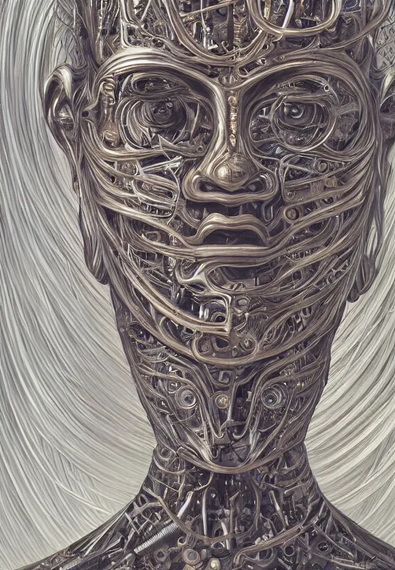 Image similar to perfectly centered portrait, front view of a beautiful biomechanical alien android robot buddha, female, flowing hair, intense stare, sarcastic smile, symmetrical, concept art, intricate detail, volumetric shadows and lighting, realistic oil painting by alex grey and gustave dore,