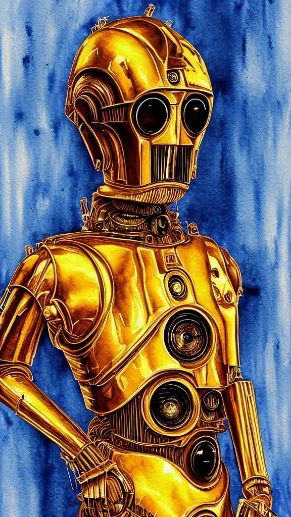 Image similar to a portrait of c - 3 po in a watercolor style. faded wash. style of robert hagan. color harmony, 8 k detail, gallery quality, hd wallpaper, premium prints available, hyper - detailed, intricate design.