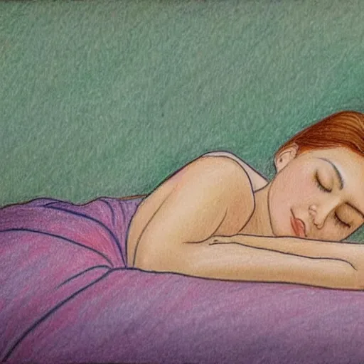 Image similar to This drawing is a beautiful example of use of color and light. The drawing depicts a woman reclining on a couch, with her head turned to the side and her eyes closed. The woman's body is bathed in a light, and her skin appears to glow. The artist has used a soft, delicate palette to create a sense of tranquility and serenity. The drawing is elegant and graceful, and the woman's face is incredibly expressive. It is a truly beautiful drawing. avant-garde, Korean folk art by Anne-Louis Girodet, by Joan Miro peaceful