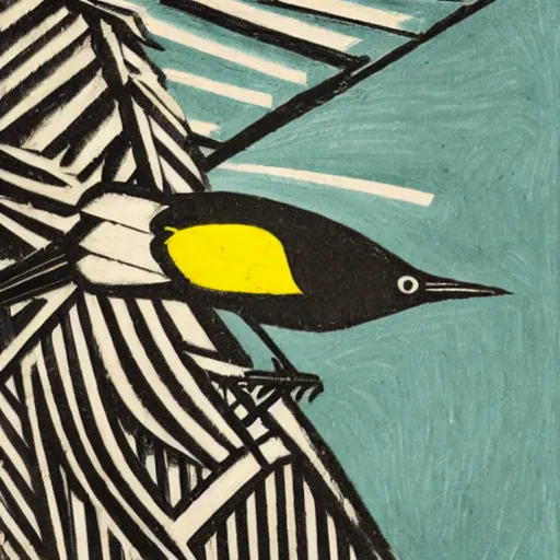 Image similar to a townsend's warbler perched on the back of an adirondack chair, german expressionist woodcut, kathe kollwitz, ernst ludwig kirchner, max beckmann, max pechstein, black and white