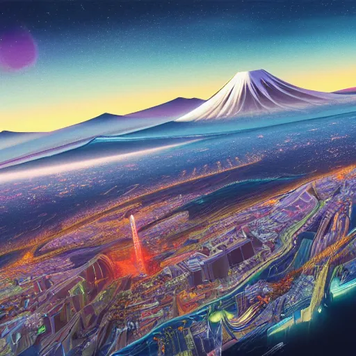 Image similar to a highly detailed matte painting of retro futurist mount fuji hosting the olympics, aerial photography, ultrawide lens, by dan mumford, yusuke murata, makoto shinkai, ross tran, cosmic, heavenly, god rays, intricate detail, cinematic, 8 k, cel shaded, unreal engine, featured on artstation, pixiv