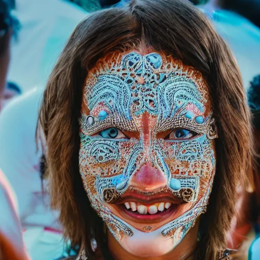 Prompt: the face of a smiling person at a festival who has glimpsed the fourth dimension, intricately detailed, beautiful face, detailed eyes, award winning, 8 k