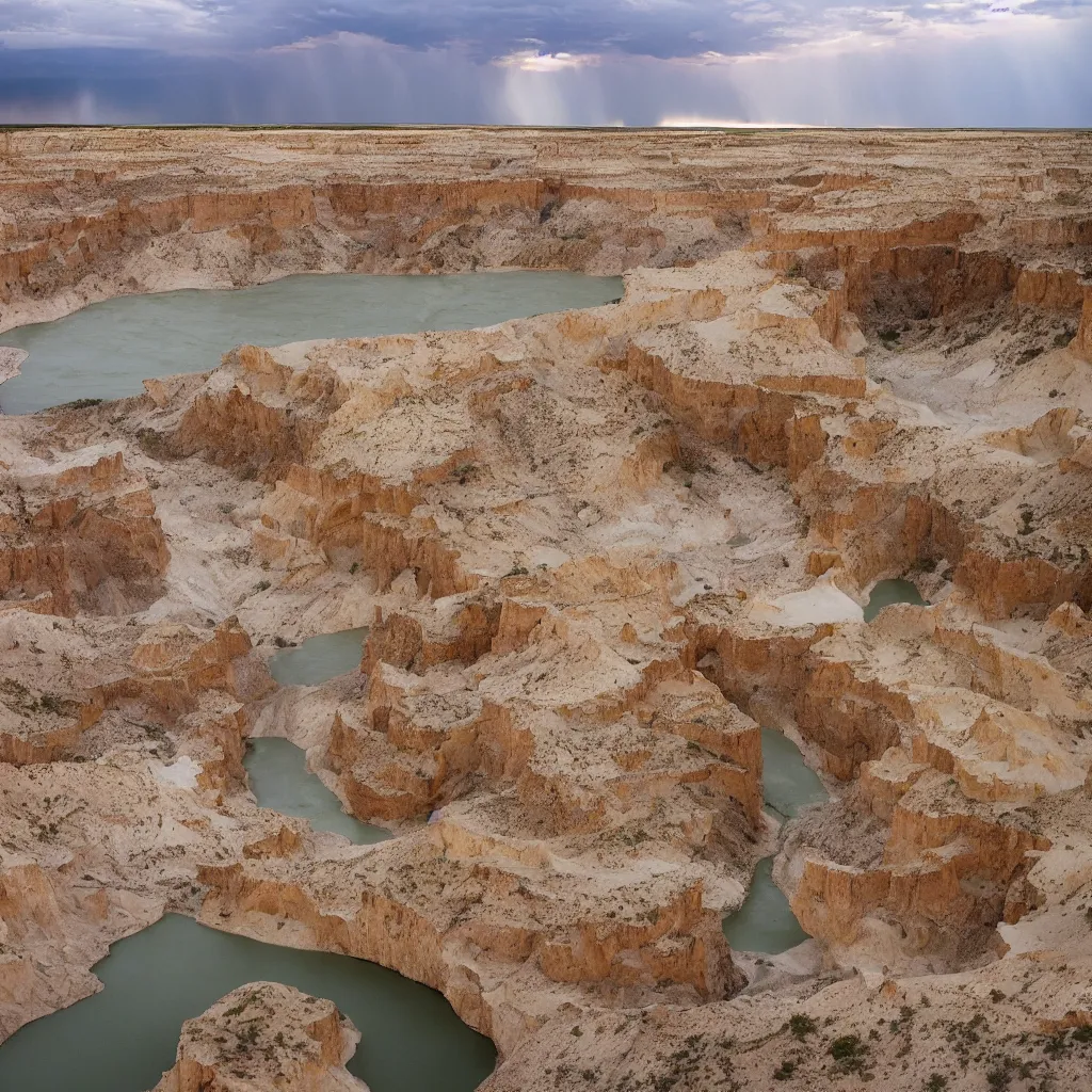 Image similar to photo of green river, wyoming cliffs during thunderstorm. the foreground and river are brightly lit by sun, and the background clouds are dark and foreboding. kodak portra 4 0 0,